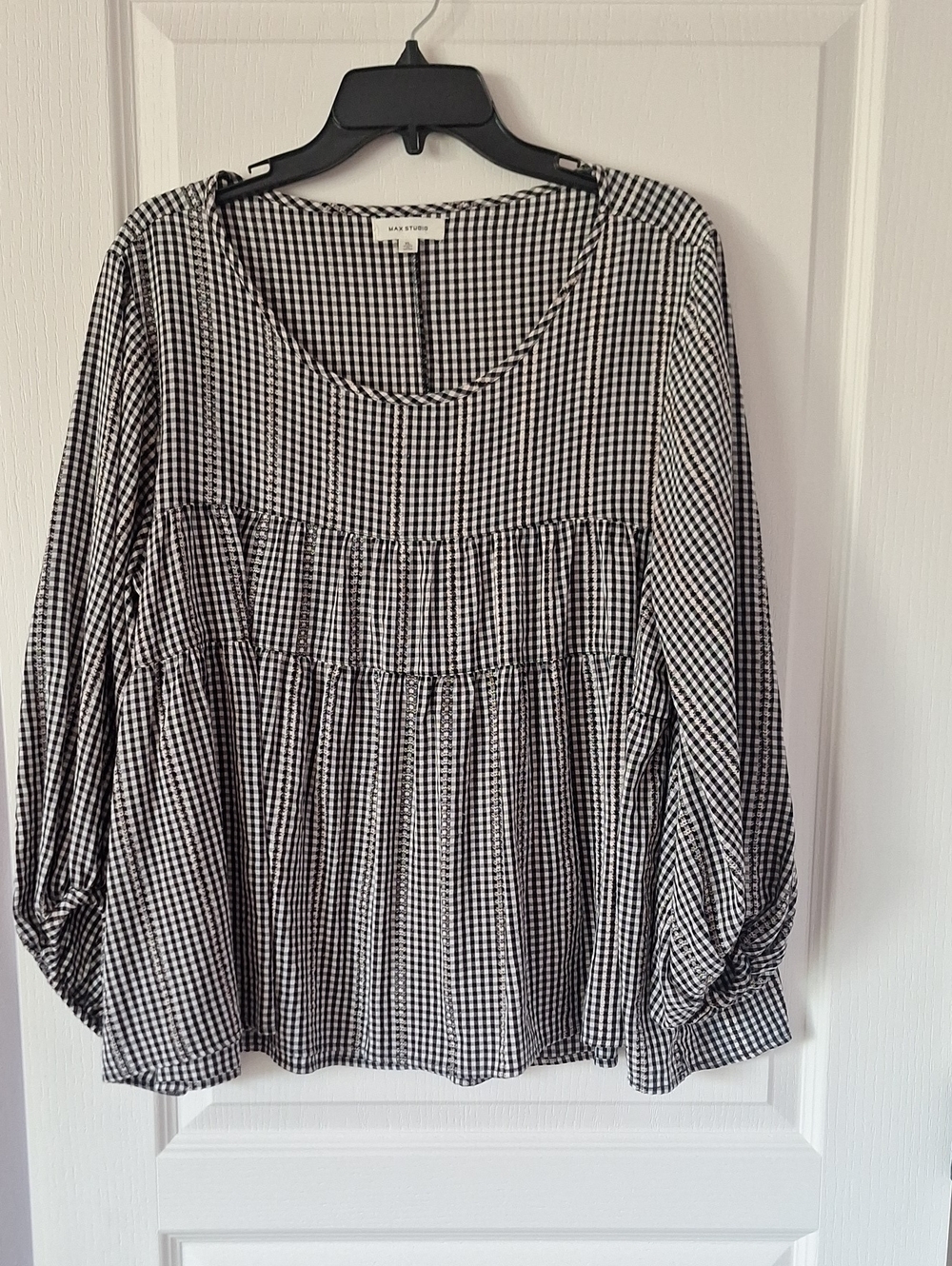 Max Studio Black and White Gingham Peasant Top